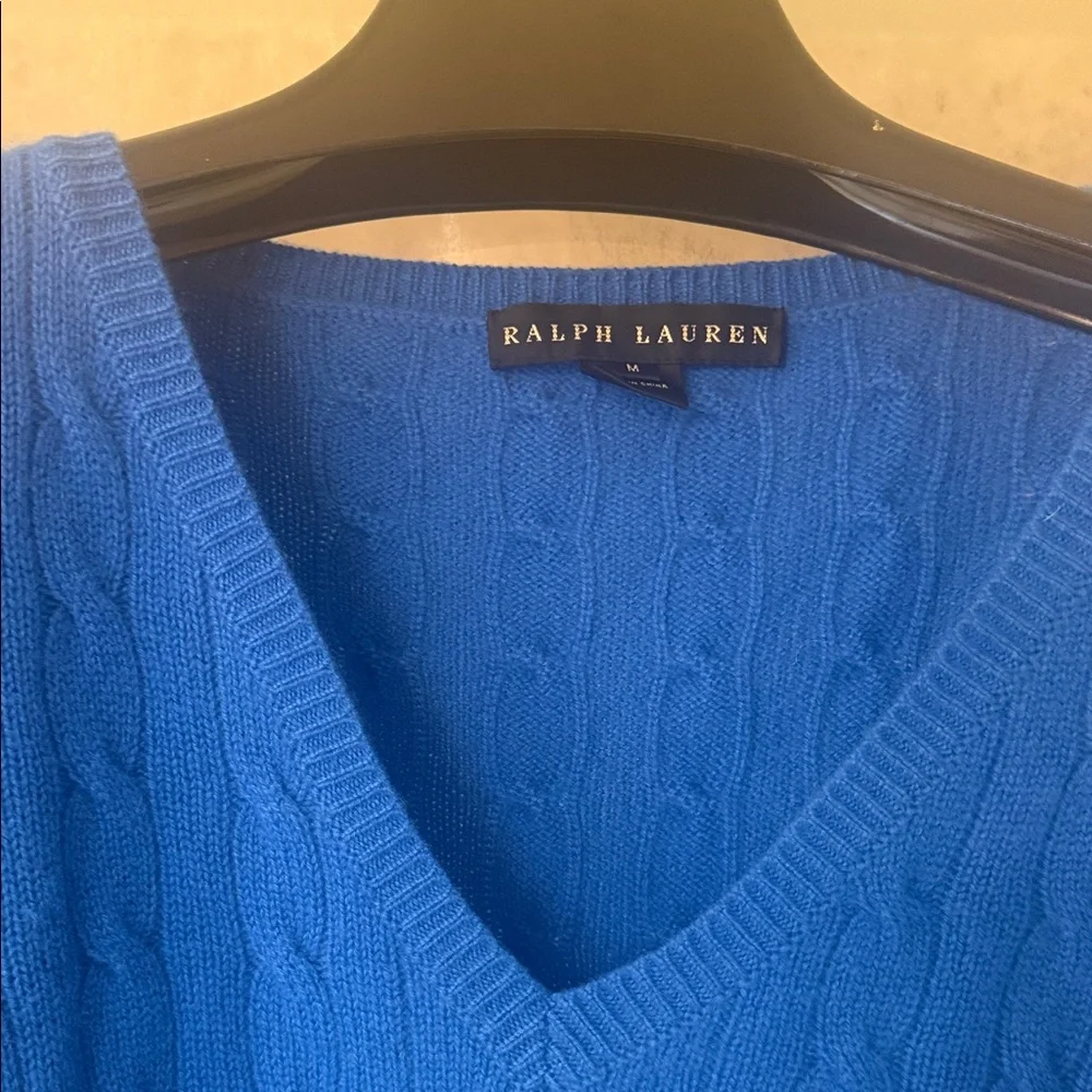 Ralph Lauren Cobalt Blue V-Neck Sweater cashmere cable sweater - Picture 3 of 7